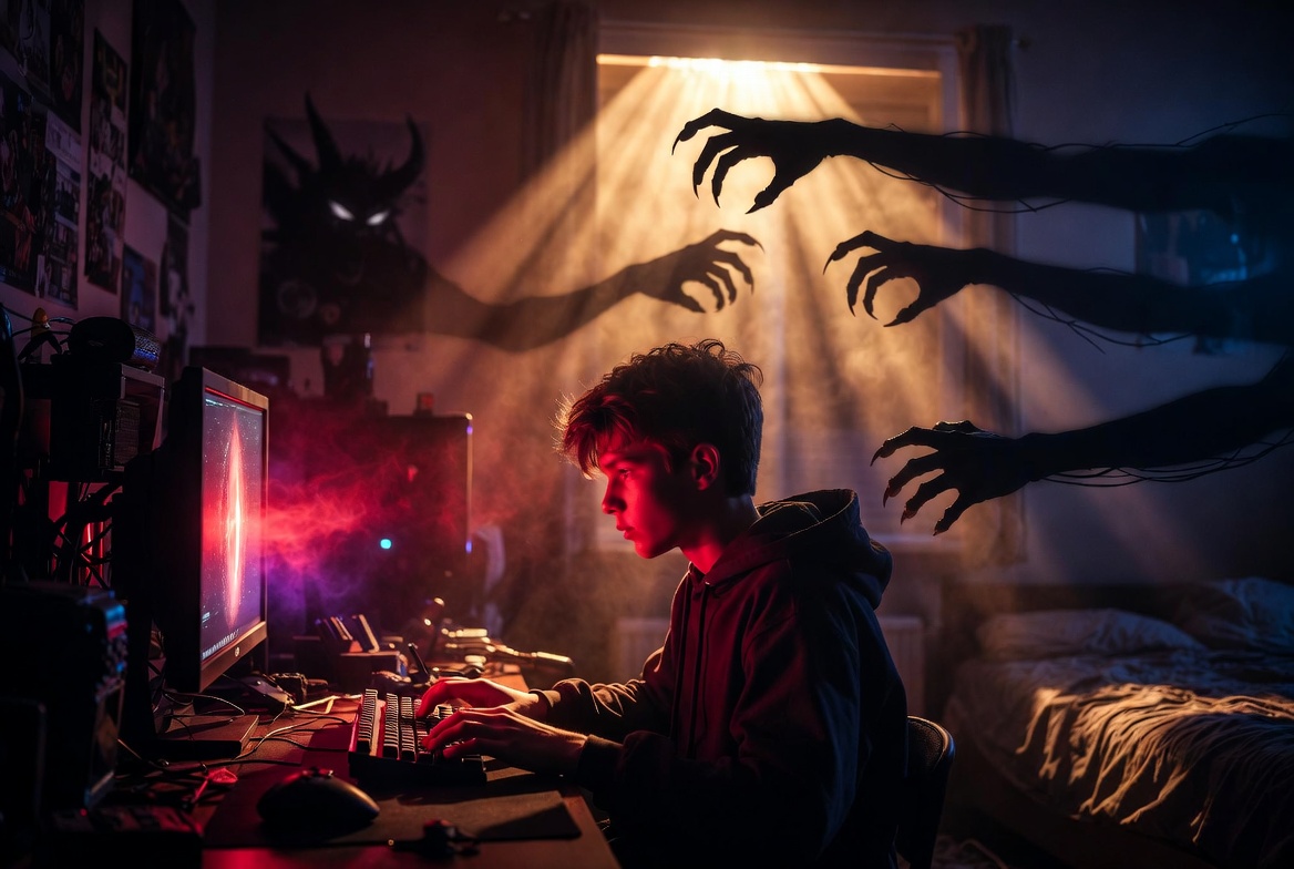 Teenager at gaming PC with spiritual warfare theme